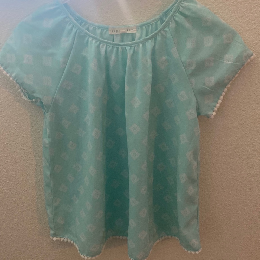 Copper Key Girls Light Blue Designer Top with Pom Sleeves Precious and Preppy